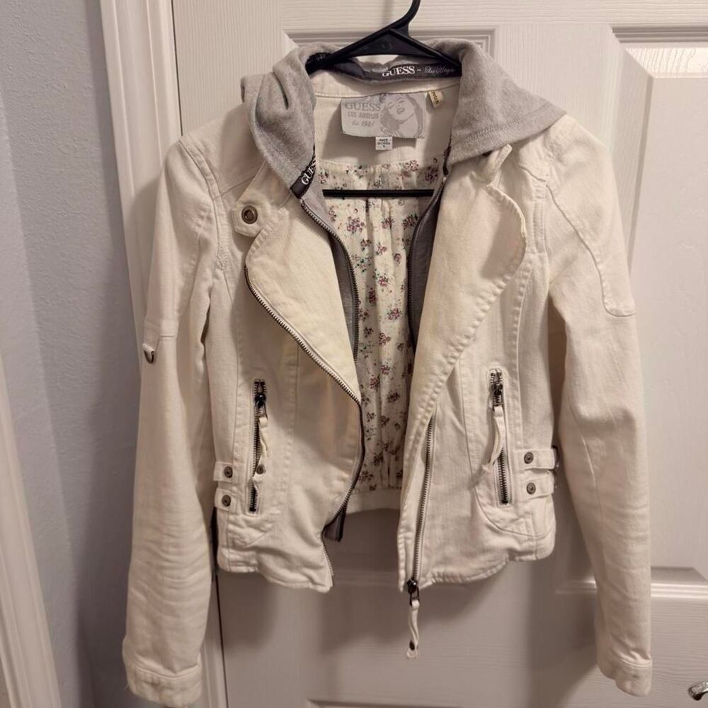 (2012-2016) Guess LA Hooded Moto Jacket - Cream - Womens S